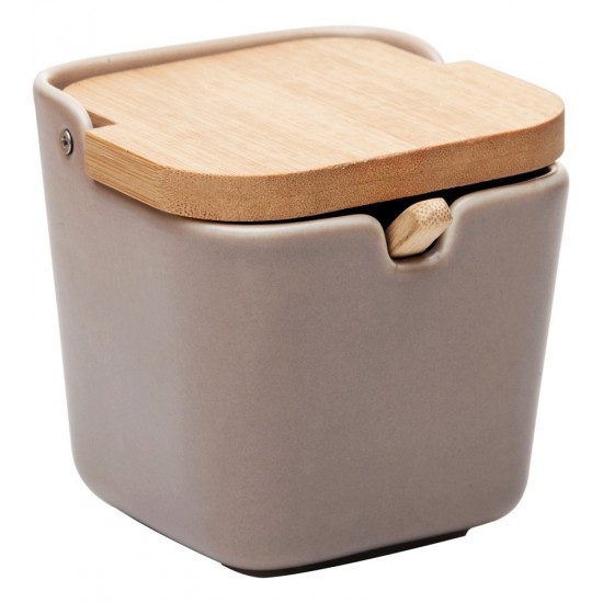 Saleiro 11cm De Largura Por 10cm De Altura De Cerâmica Cor Areia Com Tampa E Colher De Bambu